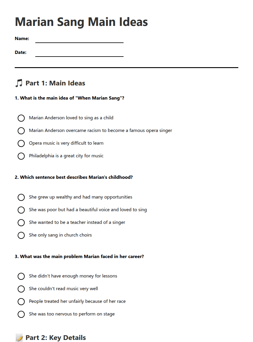 Marian Sang Main Ideas worksheet preview