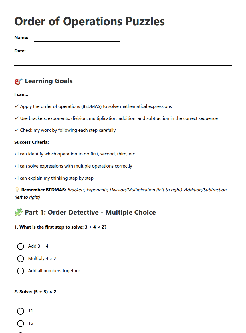 Order of Operations Puzzles worksheet preview