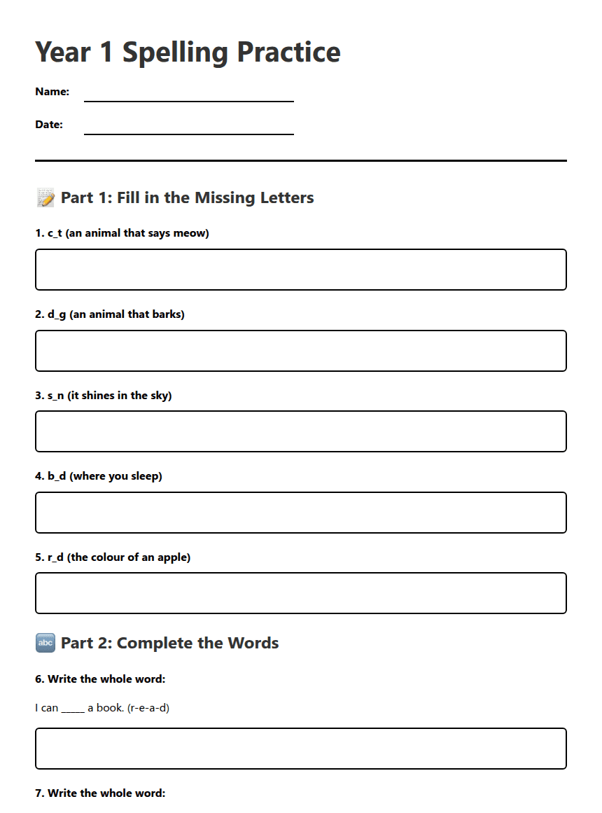 Year 1 Spelling Practice worksheet preview