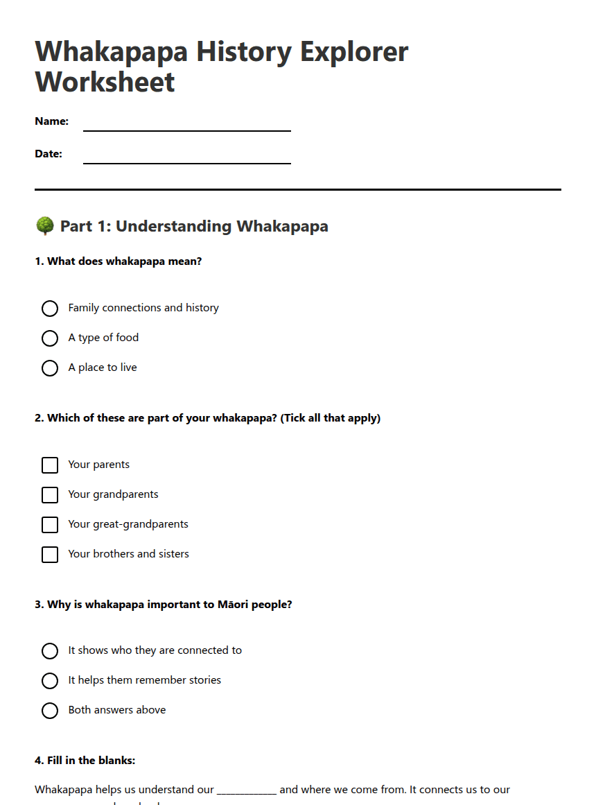 Whakapapa History Explorer Worksheet worksheet preview