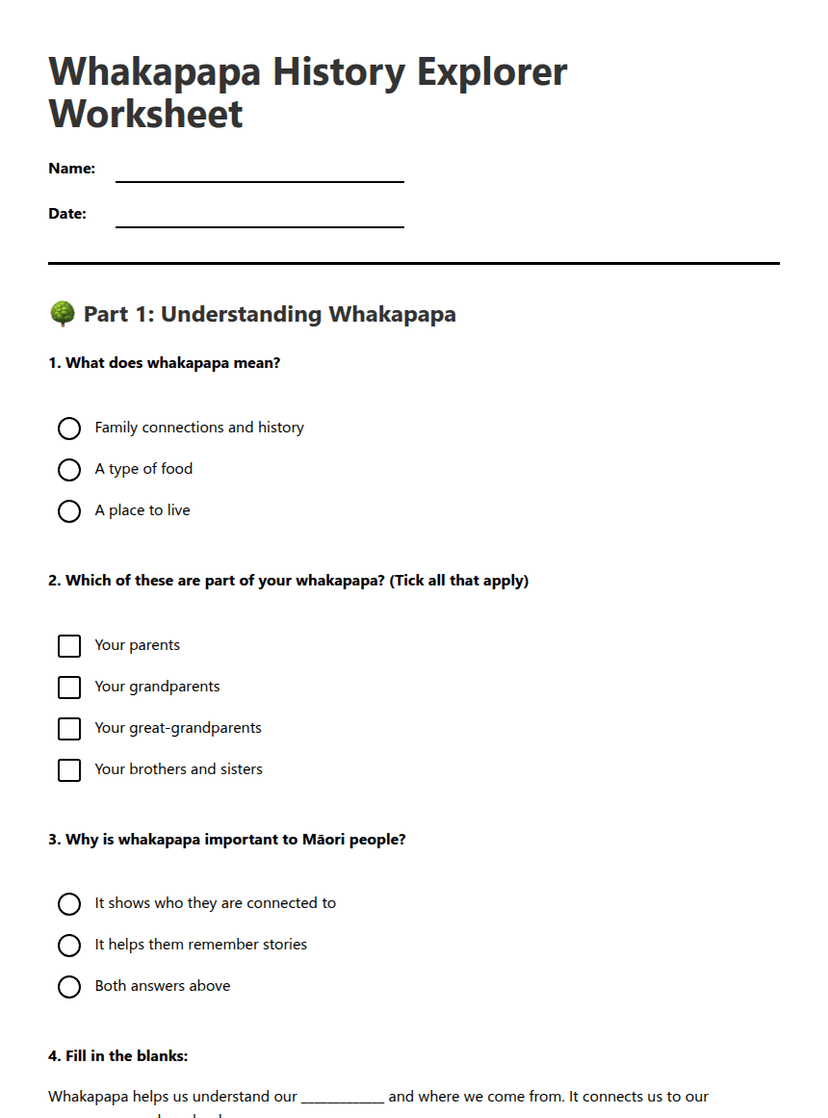 Whakapapa History Explorer Worksheet