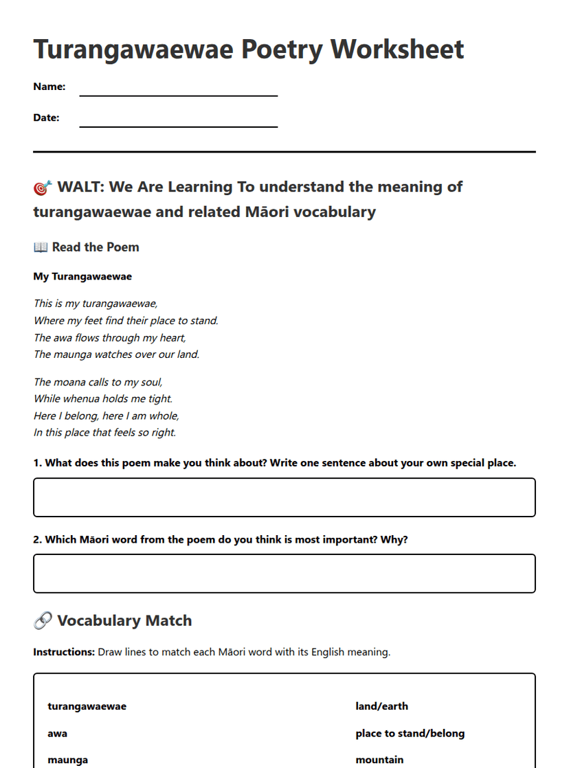 Turangawaewae Poetry Worksheet