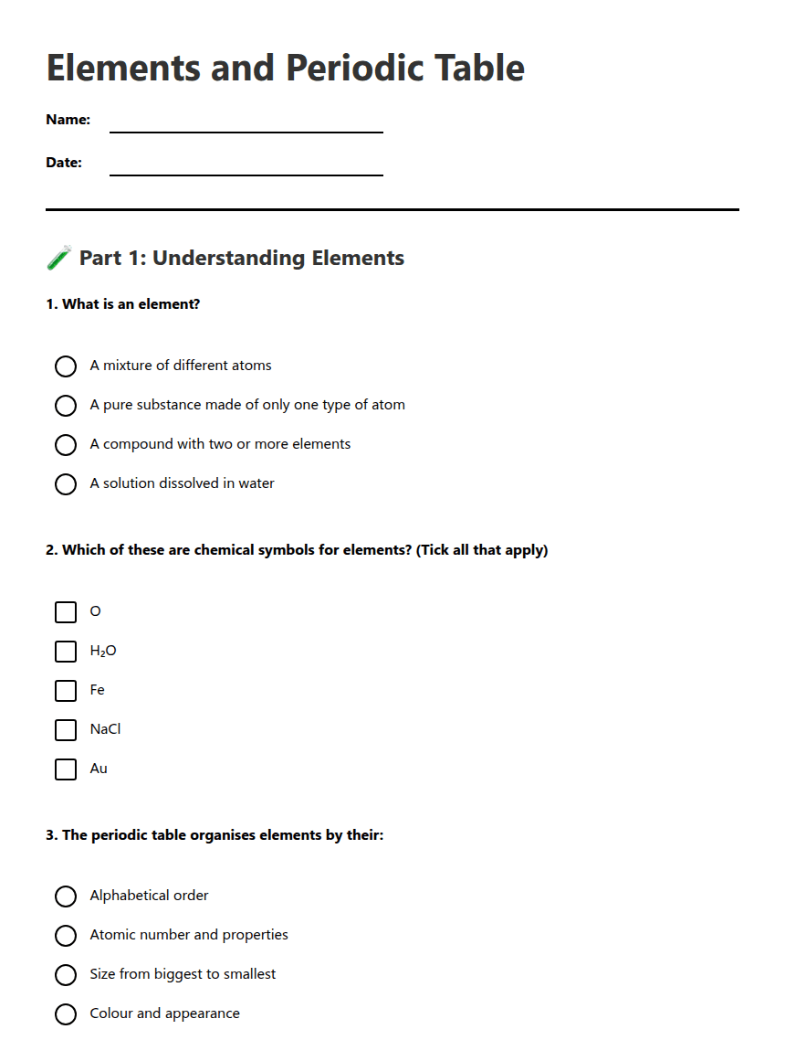 Elements and Periodic Table worksheet preview