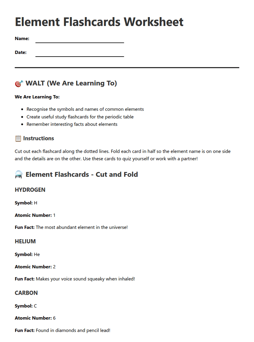 Element Flashcards Worksheet