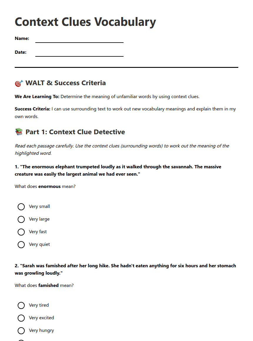 Context Clues Vocabulary worksheet preview