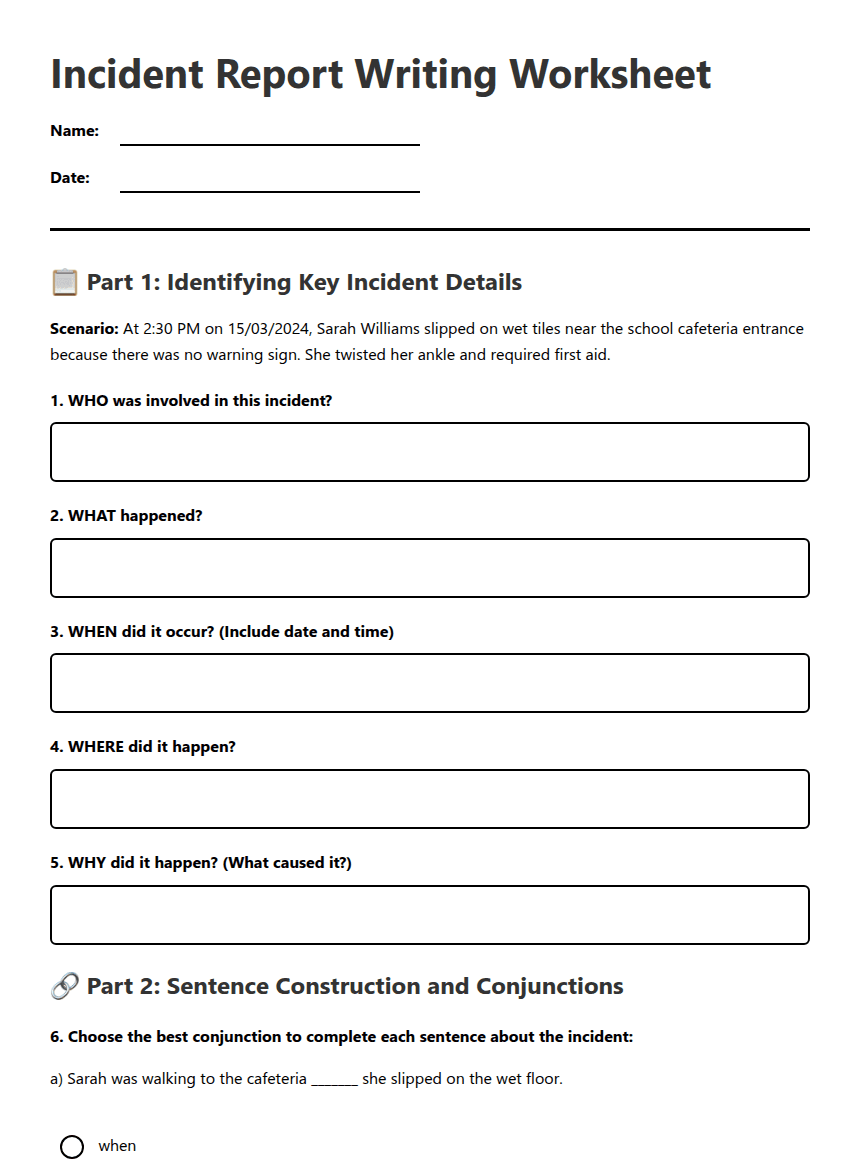 Incident Report Writing Worksheet worksheet preview