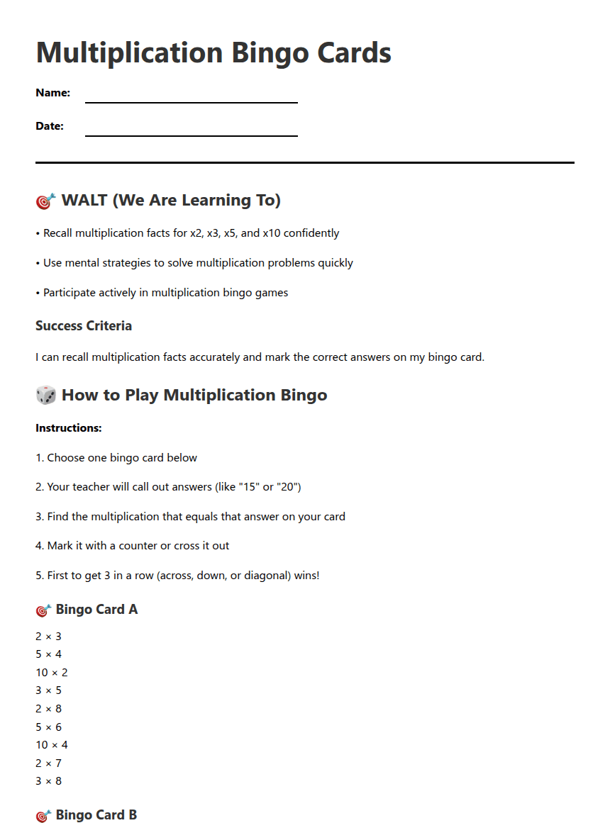 Multiplication Bingo Cards worksheet preview