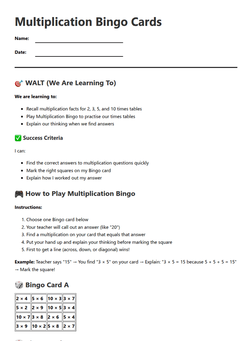 Multiplication Bingo Cards