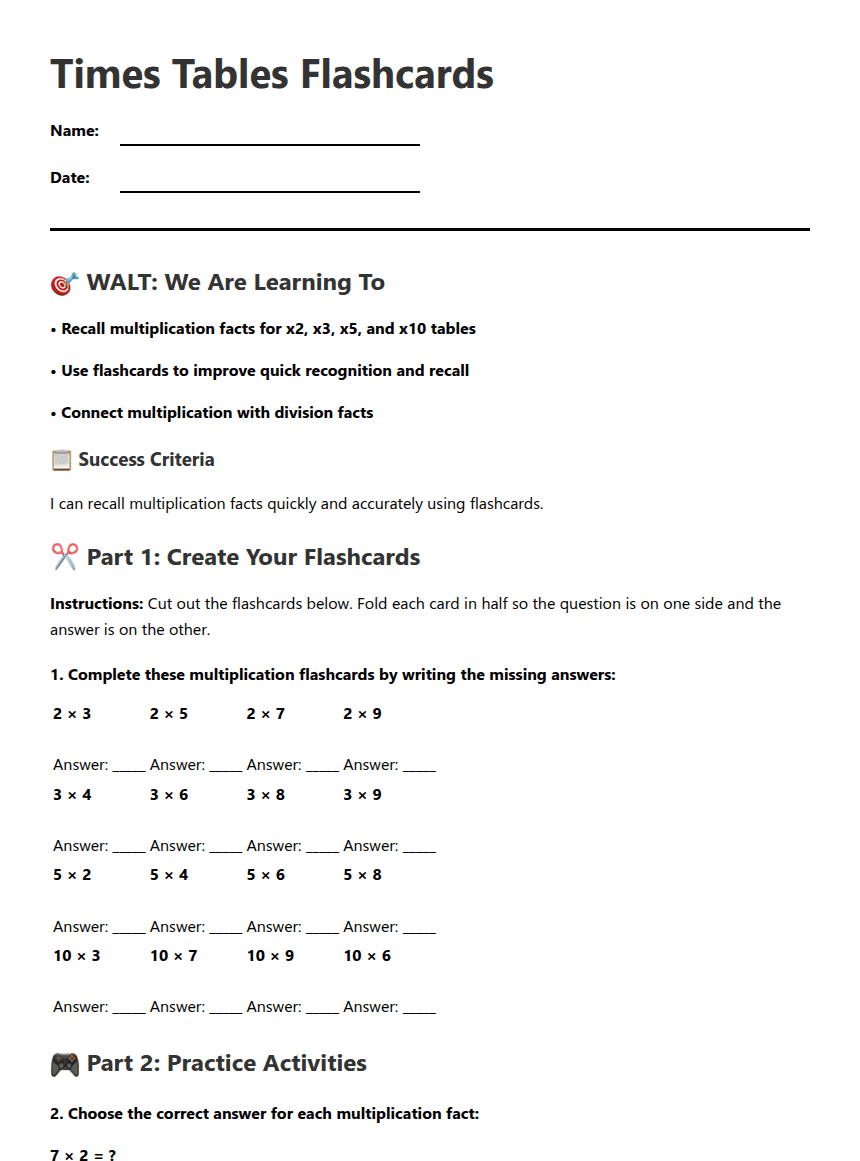 Times Tables Flashcards worksheet preview