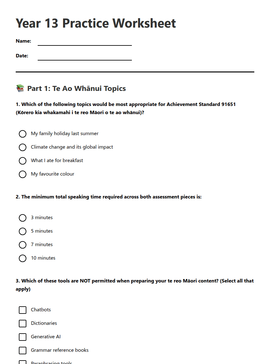 Year 13 Practice Worksheet worksheet preview