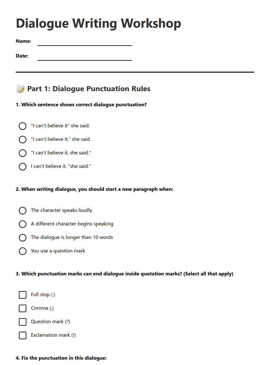 Dialogue Writing Workshop worksheet preview
