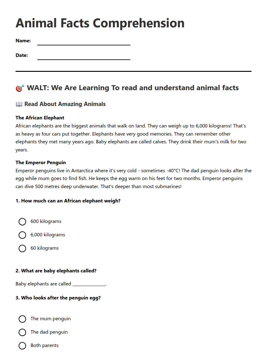 Animal Facts Comprehension worksheet preview