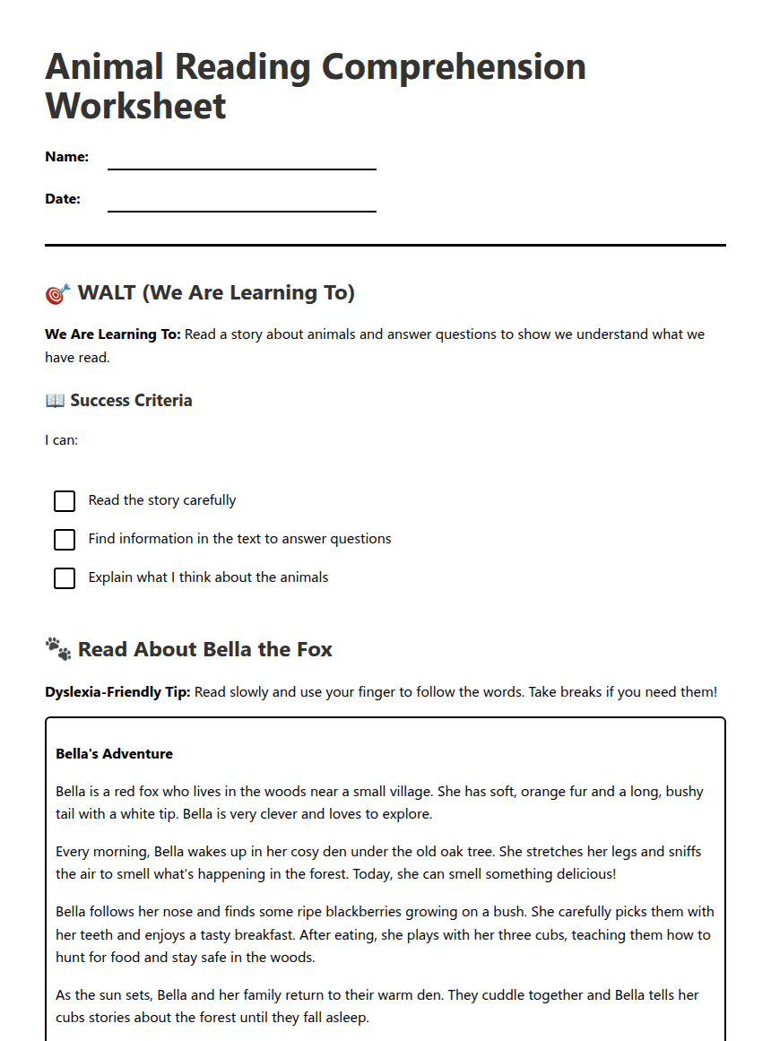 Animal Reading Comprehension Worksheet worksheet preview