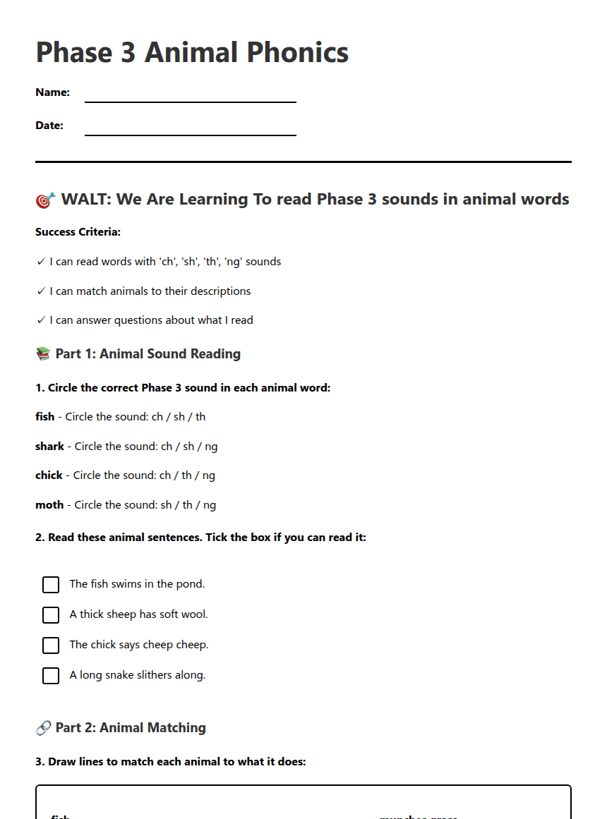 Phase 3 Animal Phonics worksheet preview