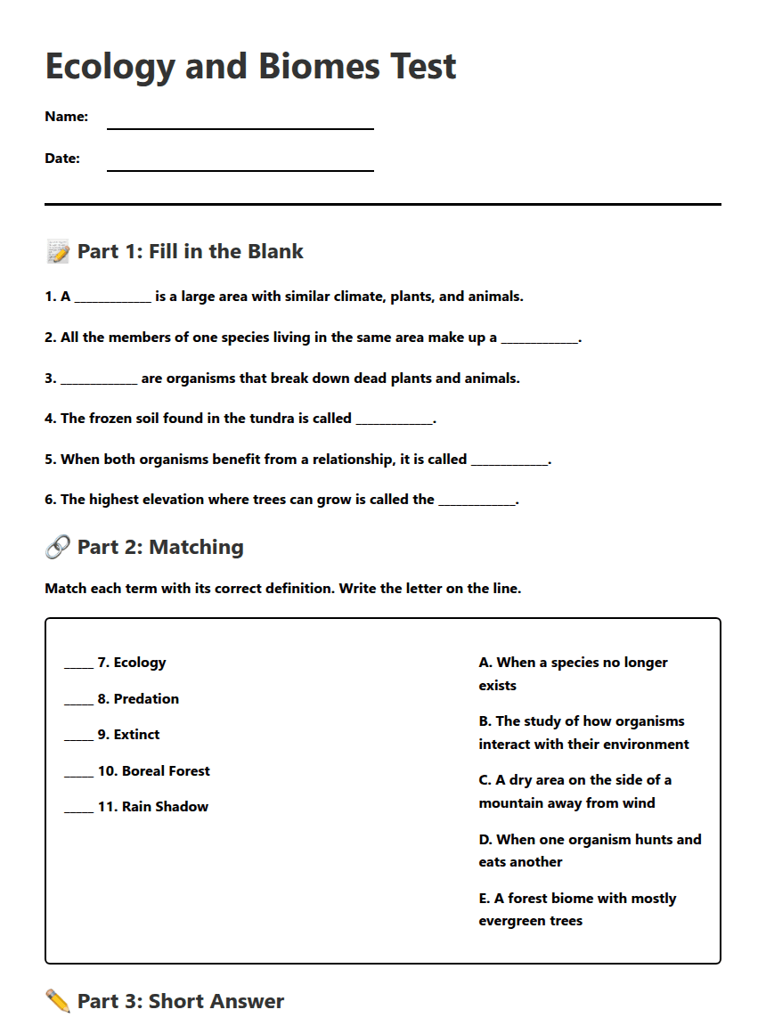 Ecology and Biomes Test worksheet preview