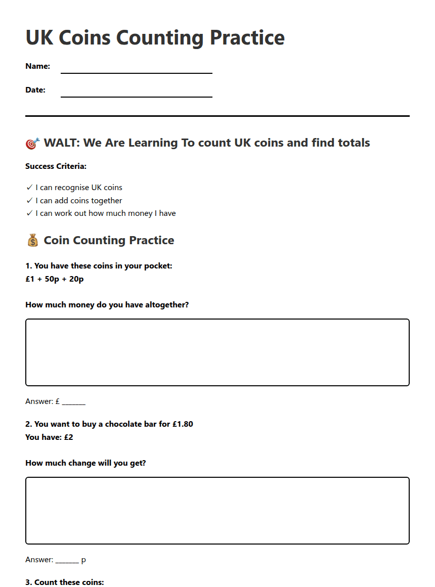 UK Coins Counting Practice worksheet preview
