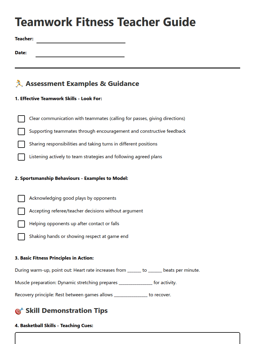 Teamwork Fitness Teacher Guide worksheet preview