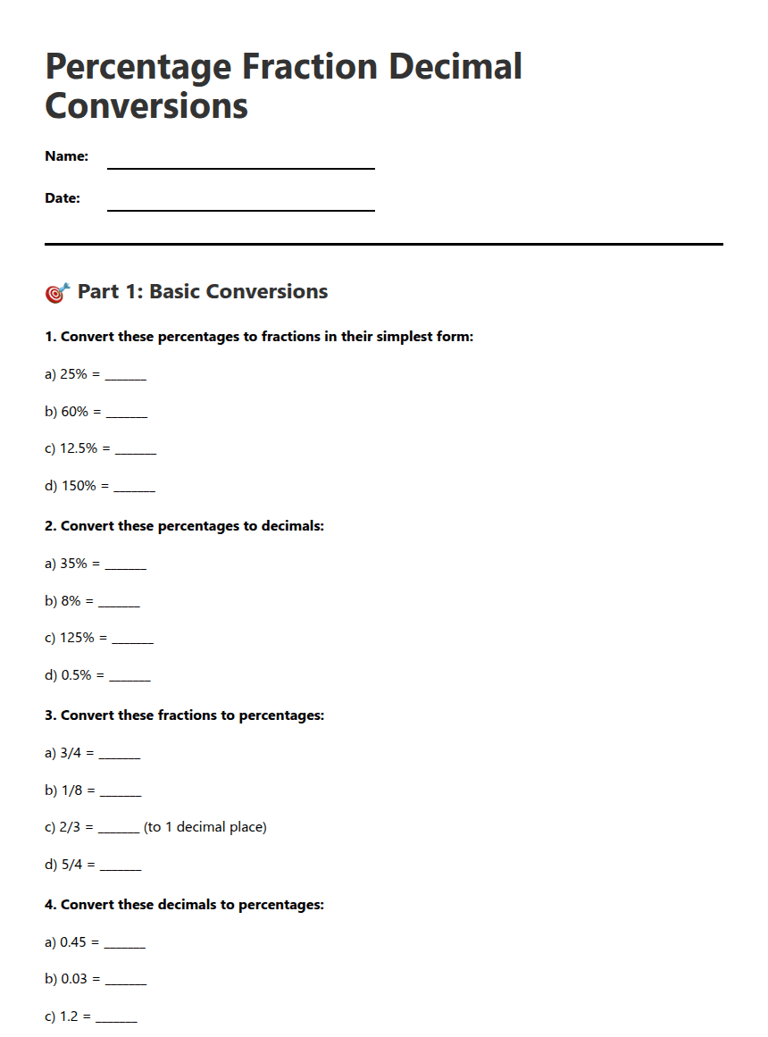 Percentage Fraction Decimal Conversions worksheet preview