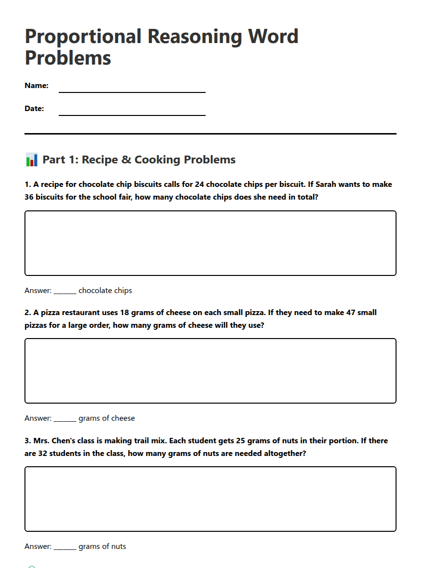 Proportional Reasoning Word Problems worksheet preview