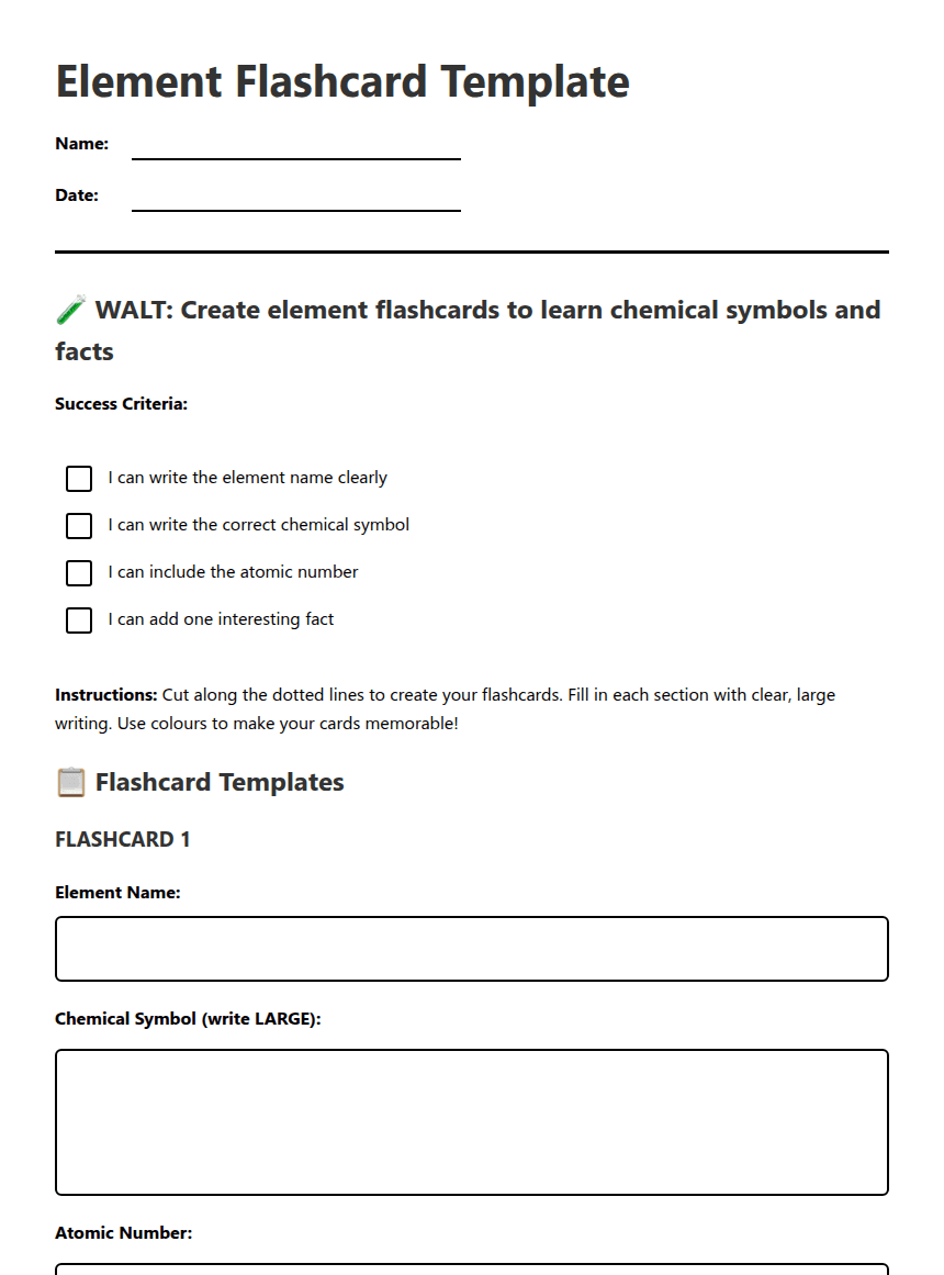Element Flashcard Template worksheet preview