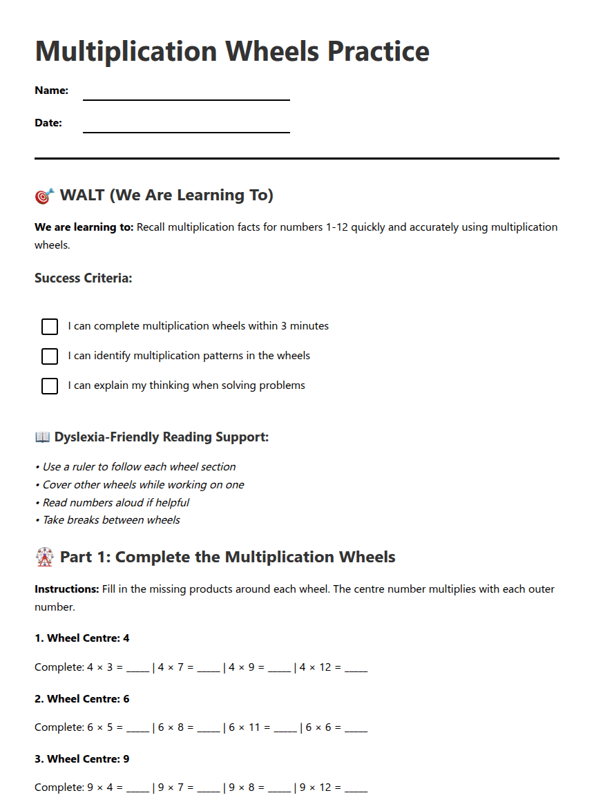 Multiplication Wheels Practice worksheet preview