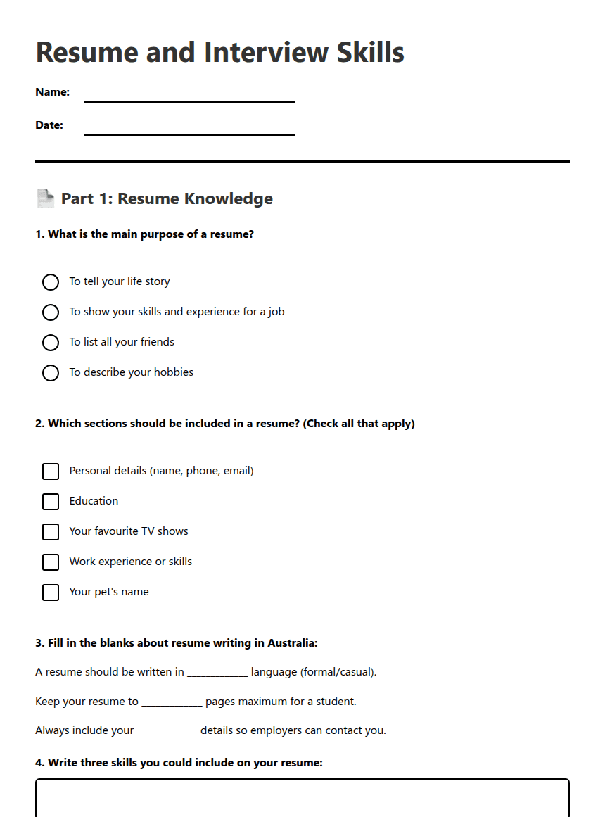 Resume and Interview Skills worksheet preview