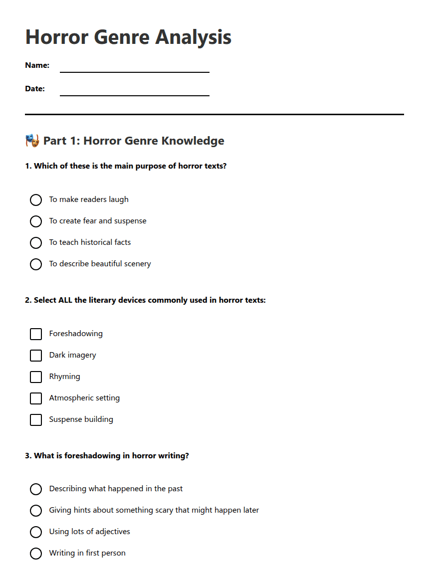 Horror Genre Analysis worksheet preview