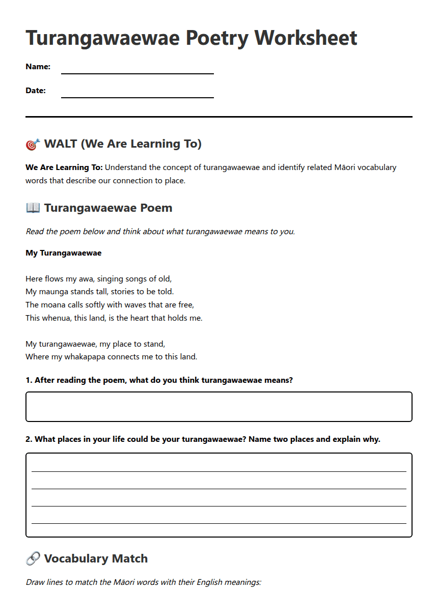 Turangawaewae Poetry Worksheet worksheet preview