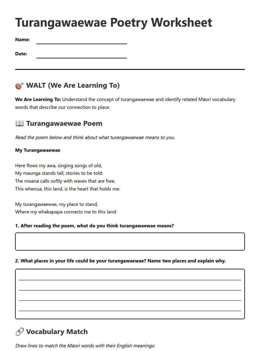 Turangawaewae Poetry Worksheet