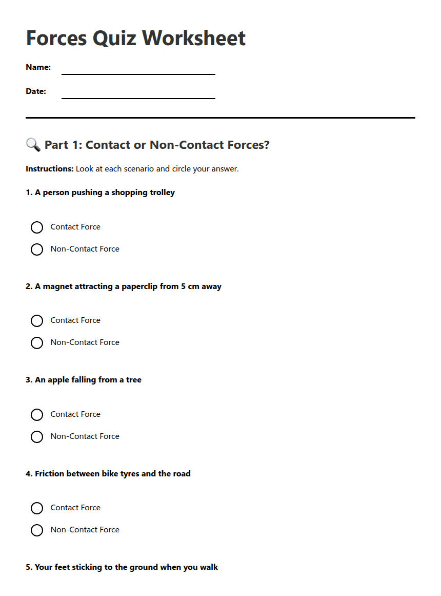 Forces Quiz Worksheet worksheet preview