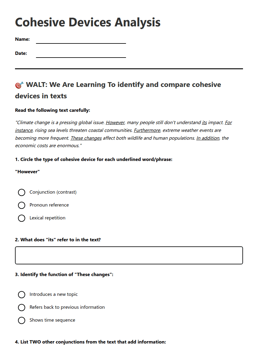 Cohesive Devices Analysis worksheet preview