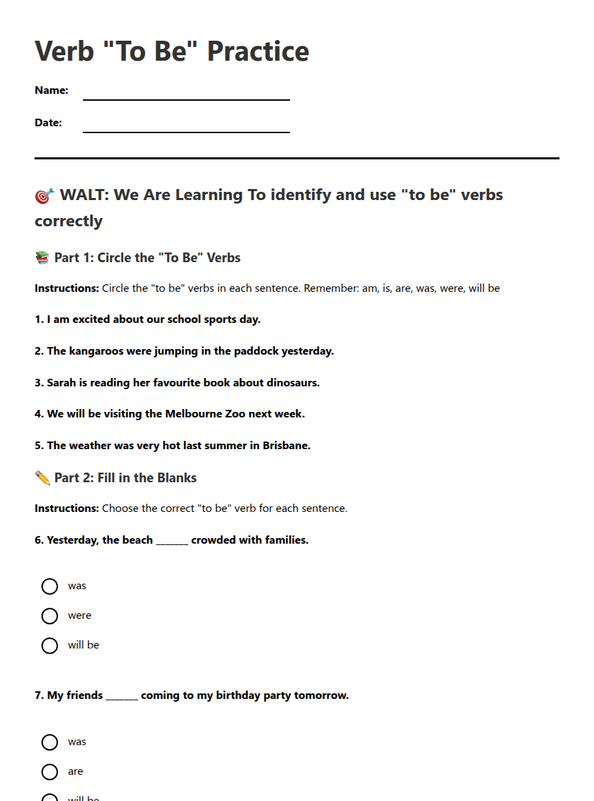 Verb "To Be" Practice worksheet preview