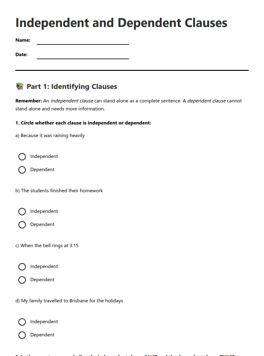 Independent and Dependent Clauses worksheet preview