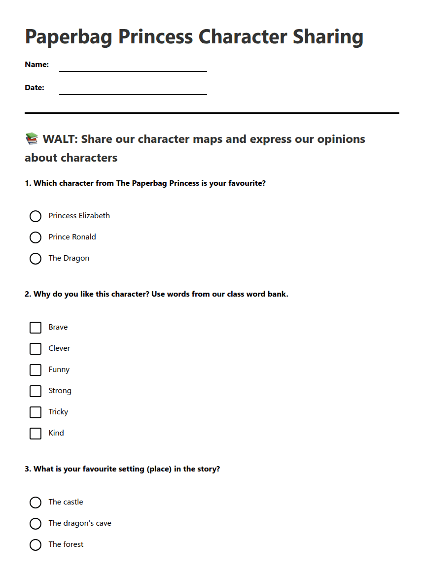 Paperbag Princess Character Sharing worksheet preview