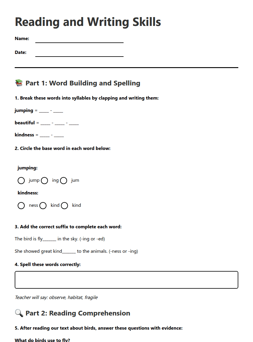 Reading and Writing Skills worksheet preview