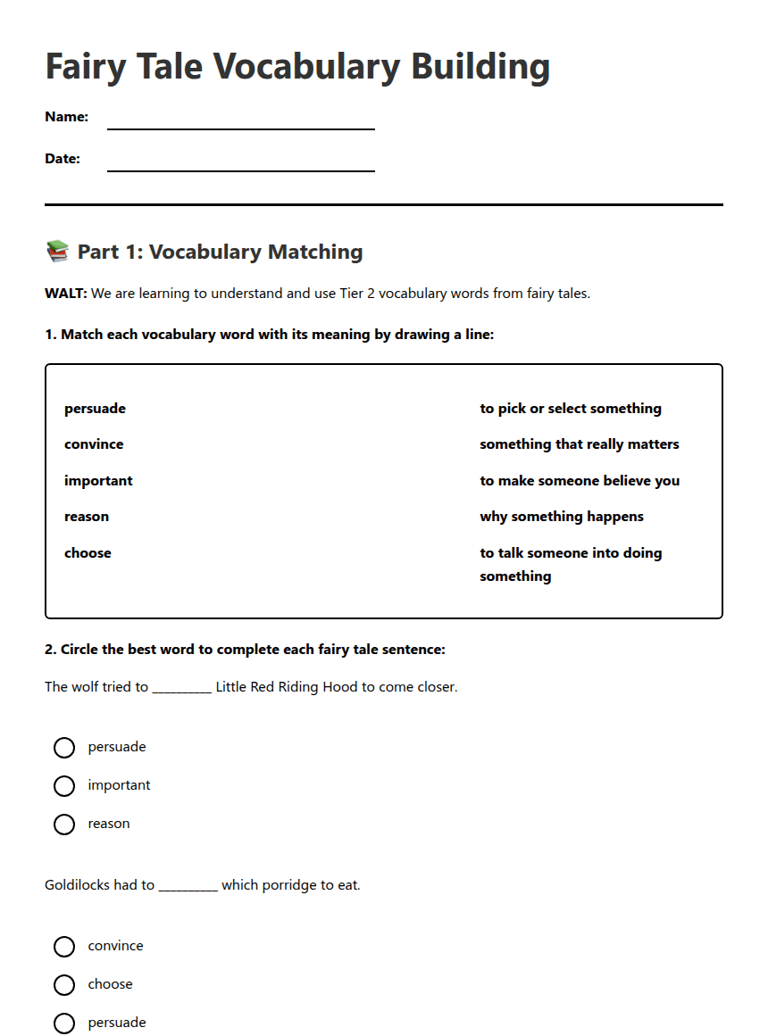 Fairy Tale Vocabulary Building worksheet preview