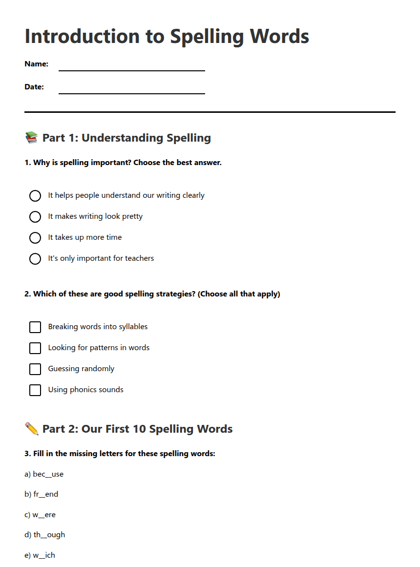 Introduction to Spelling Words worksheet preview