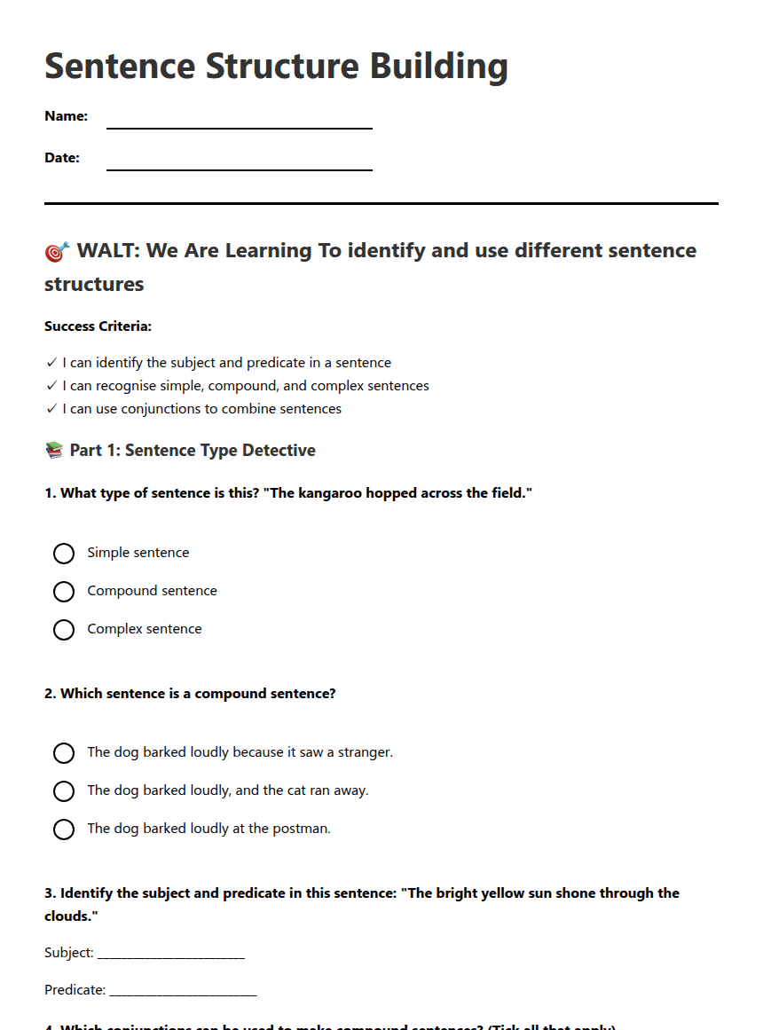 Sentence Structure Building worksheet preview