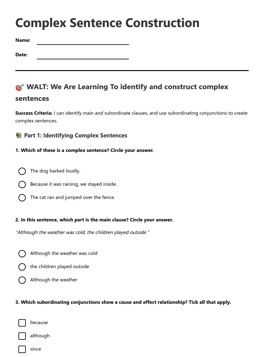 Complex Sentence Construction worksheet preview