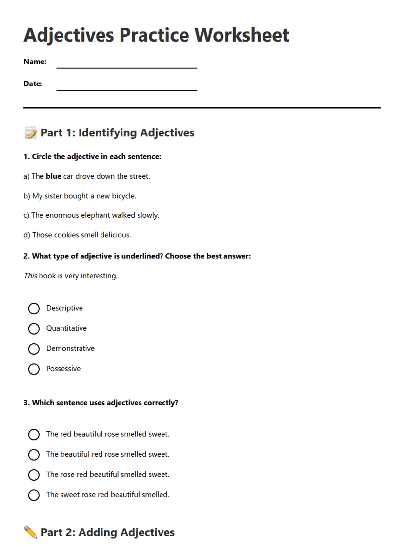 Adjectives Practice Worksheet