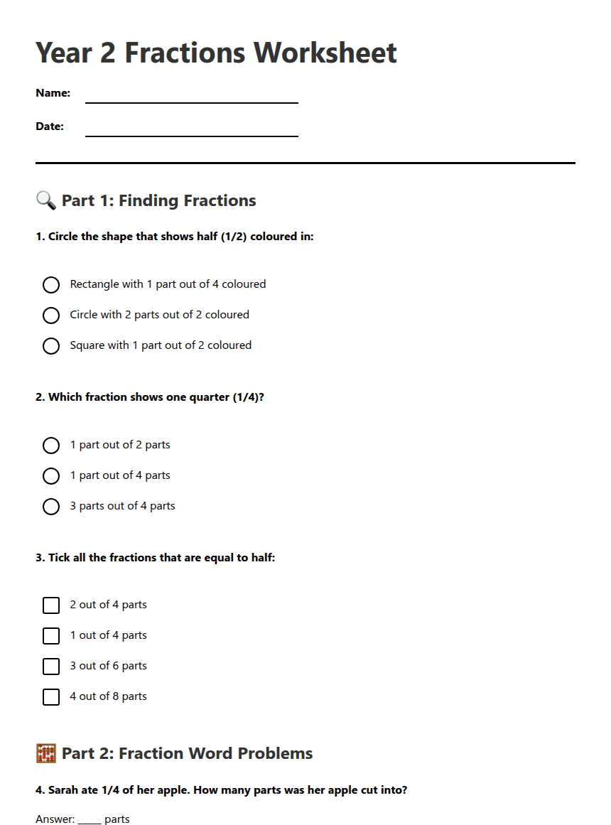 Year 2 Fractions Worksheet worksheet preview