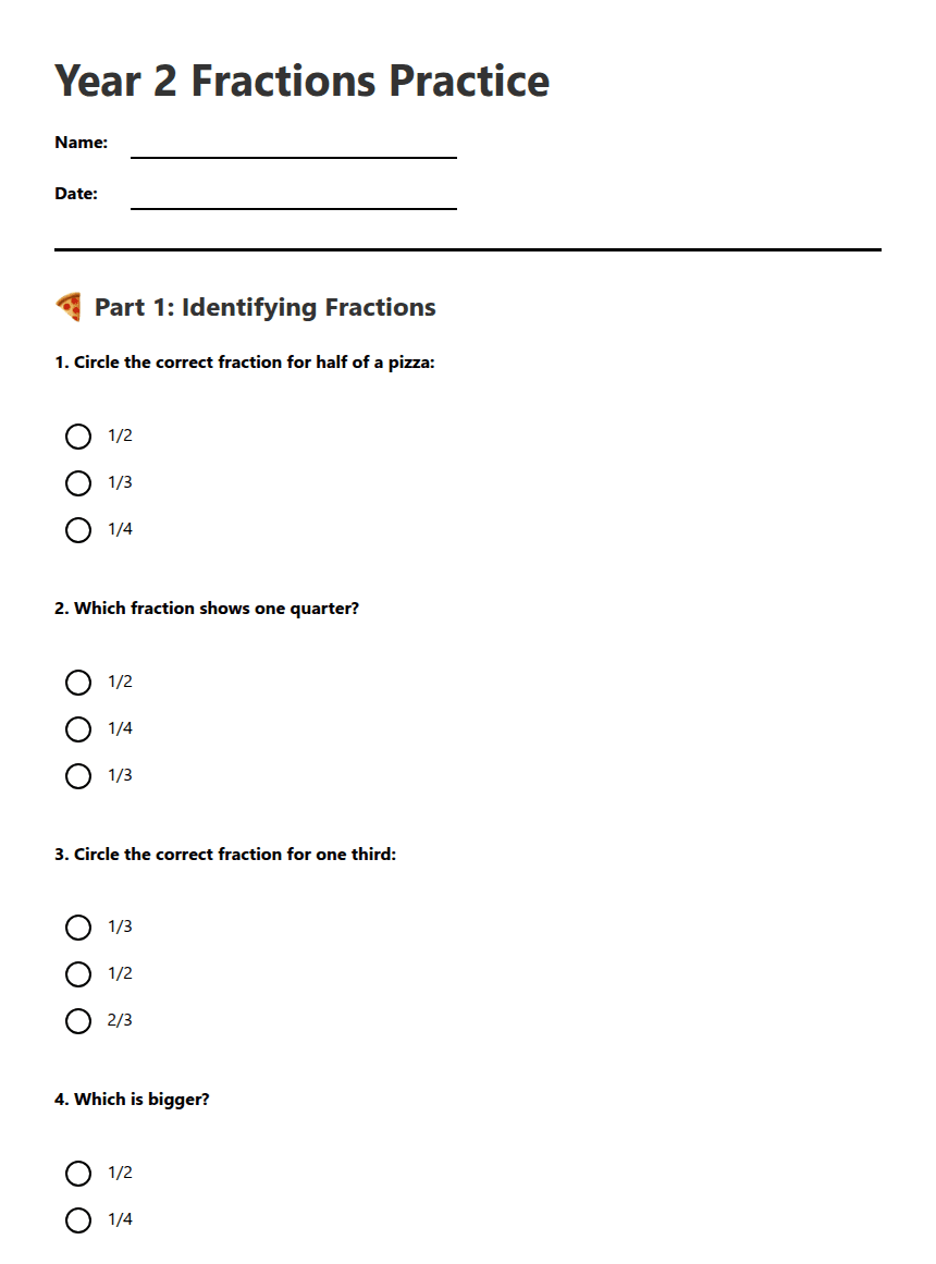 Year 2 Fractions Practice worksheet preview
