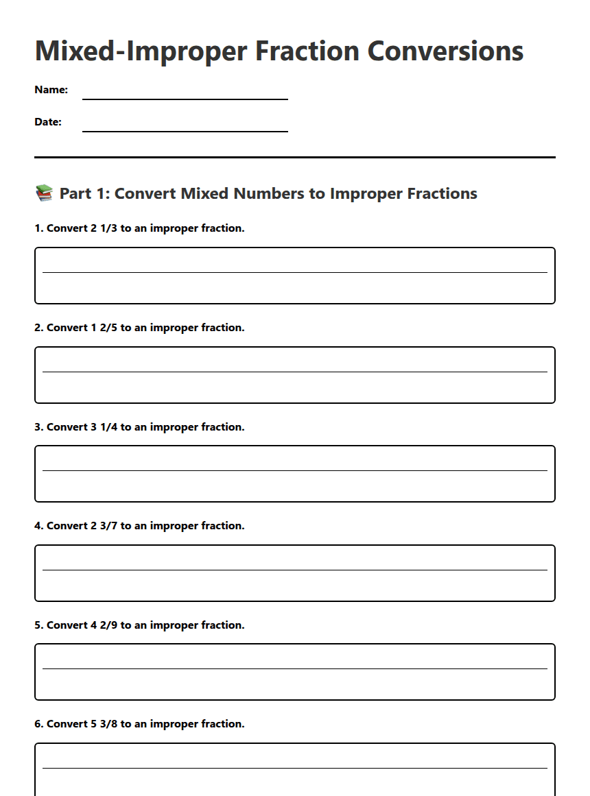 Mixed-Improper Fraction Conversions worksheet preview