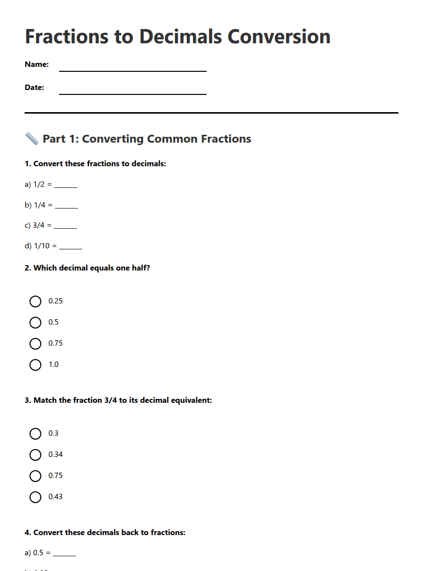 Fractions to Decimals Conversion worksheet preview
