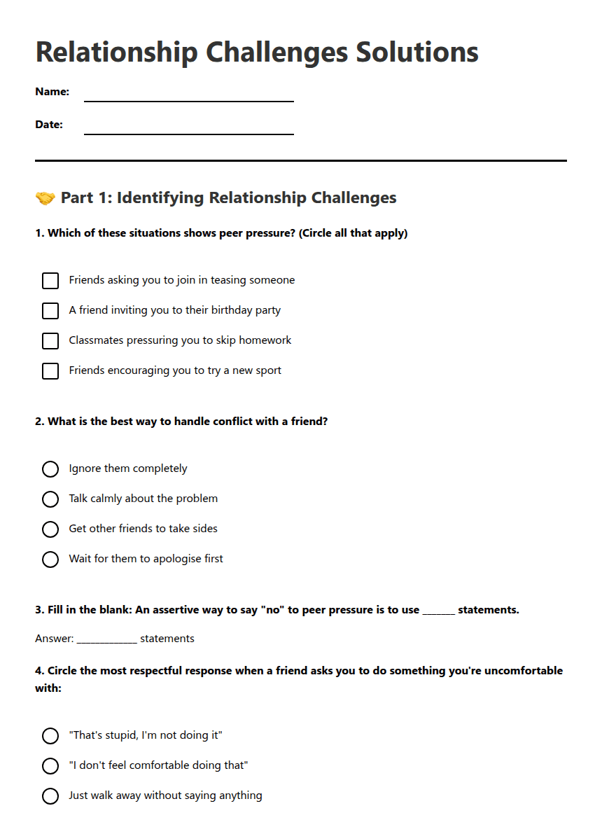 Relationship Challenges Solutions worksheet preview