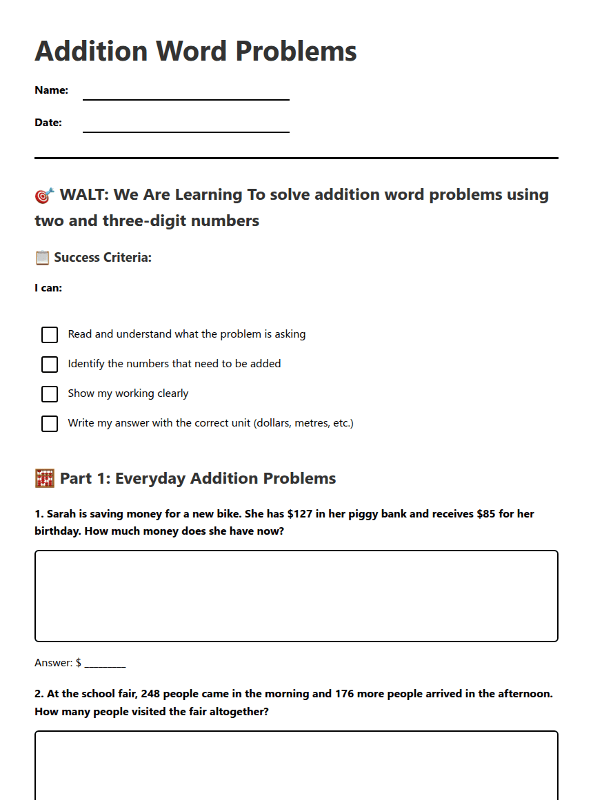 Addition Word Problems worksheet preview