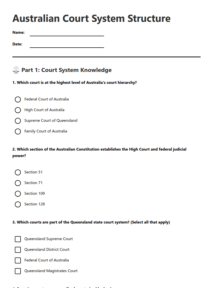 Australian Court System Structure worksheet preview
