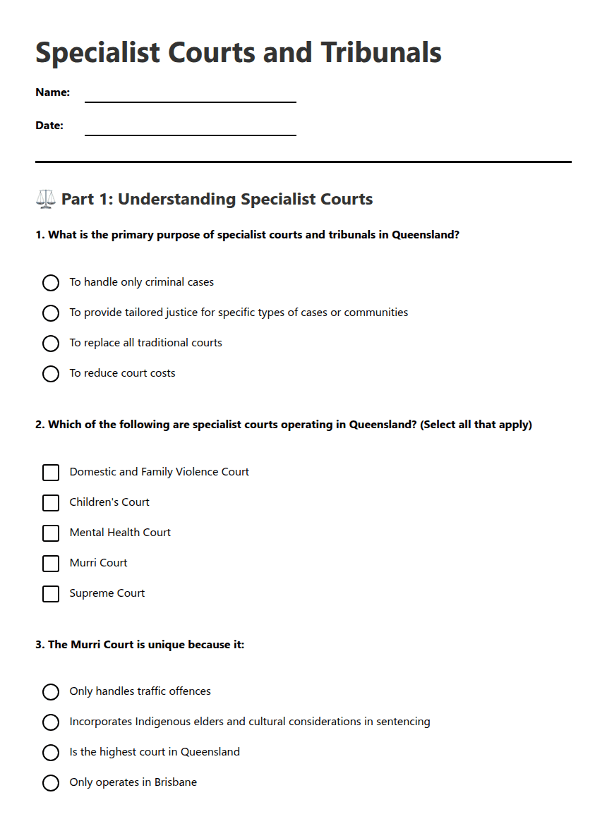 Specialist Courts and Tribunals worksheet preview