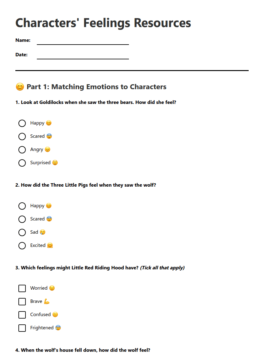 Characters' Feelings Resources worksheet preview