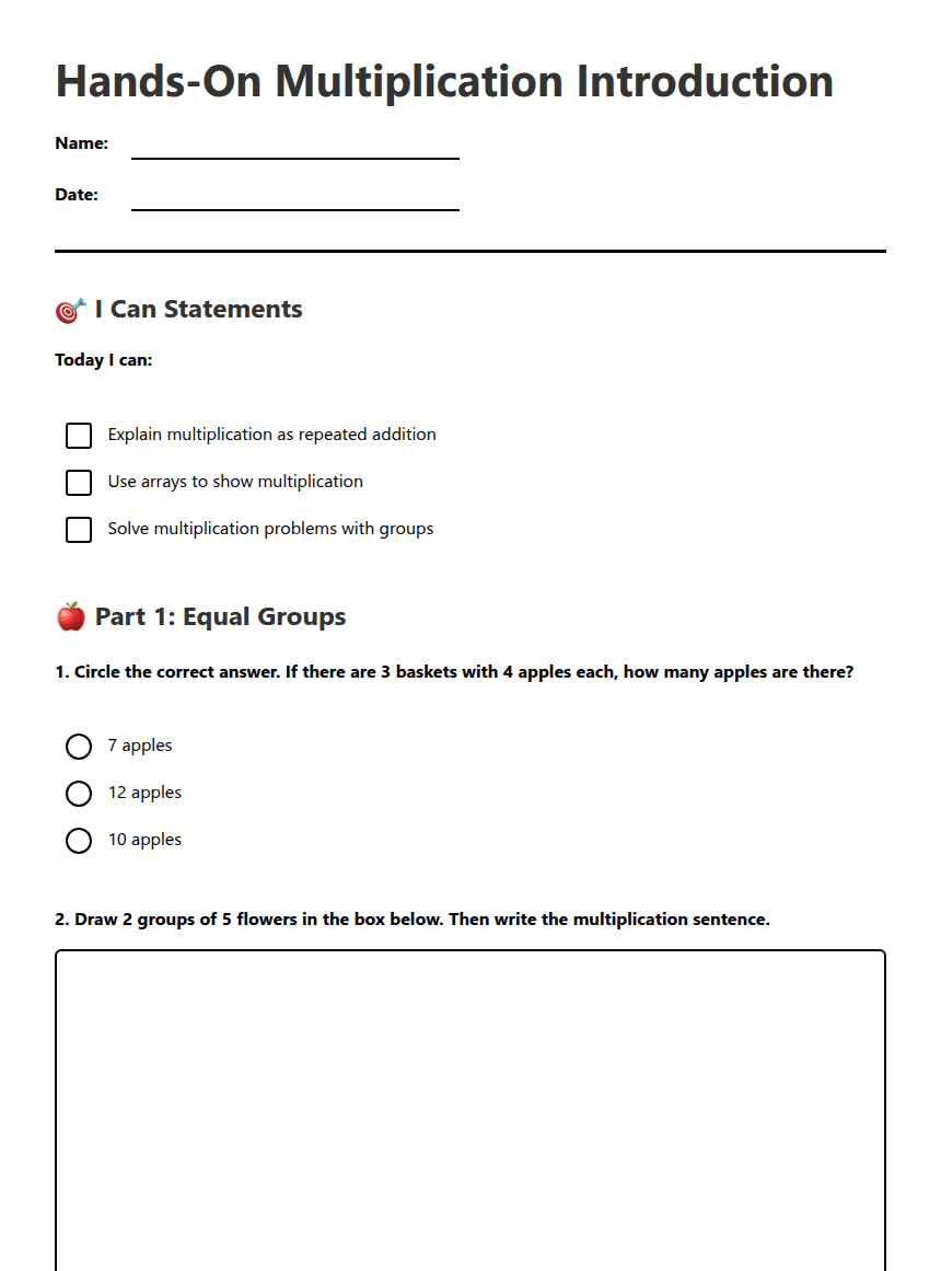 Hands-On Multiplication Introduction worksheet preview